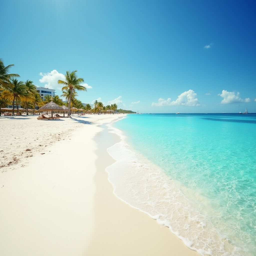 Panoramic view of an empty, pristine, white sandy beach with turquoise waters in Fort Lauderdale, enhanced by the golden sunshine and distant beach umbrellas