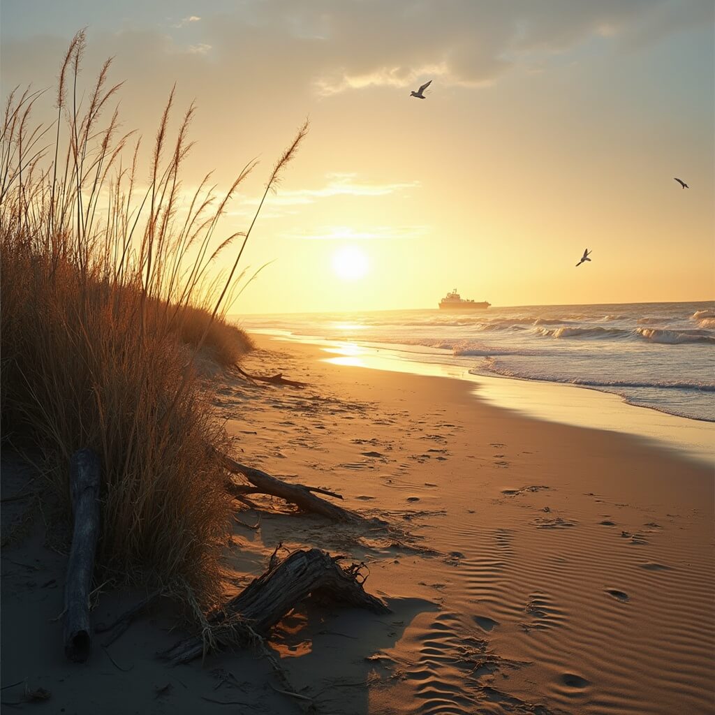 Sunset at Saint Vincent National Wildlife Refuge with driftwood scattered along untouched beach, sea oats in the foreground, birds flying overhead, and a distant ferry under golden light.