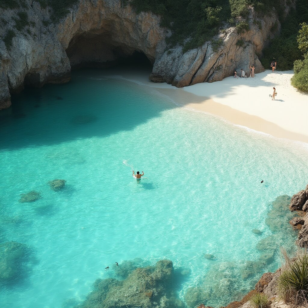 Secluded tropical beach scene with turquoise water, minimal human presence, coral rock formations, marine life visible beneath crystal clear water, native plants, and soft sunlight