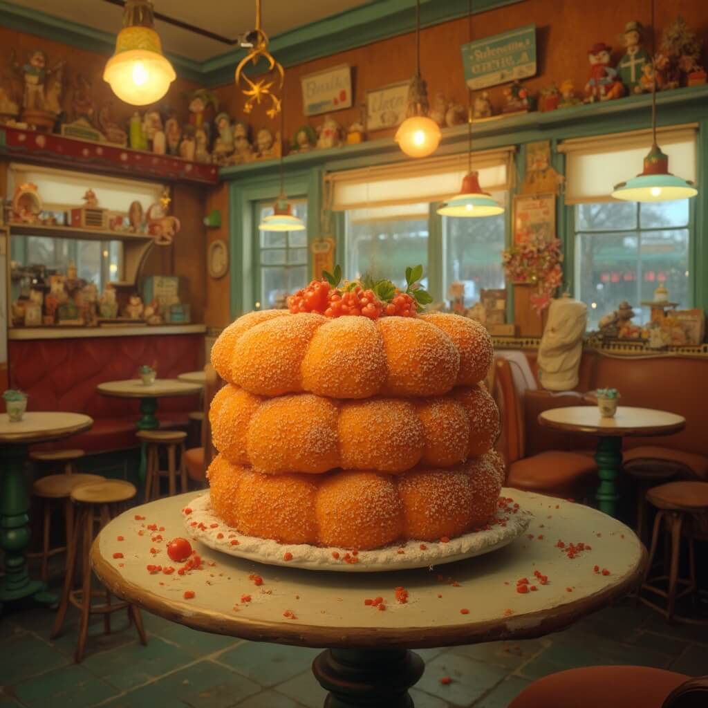 Vintage restaurant interior with warm ambient lighting, Christmas decorations, antique toys, bubble machines and a large orange cake on display