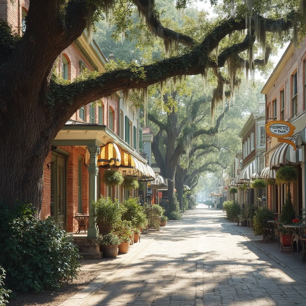 Artisan coffee shop with exposed brick exterior in Riverside, Jacksonville's historic district, surrounded by oak trees with Spanish moss and Victorian-era buildings with ornate architecture