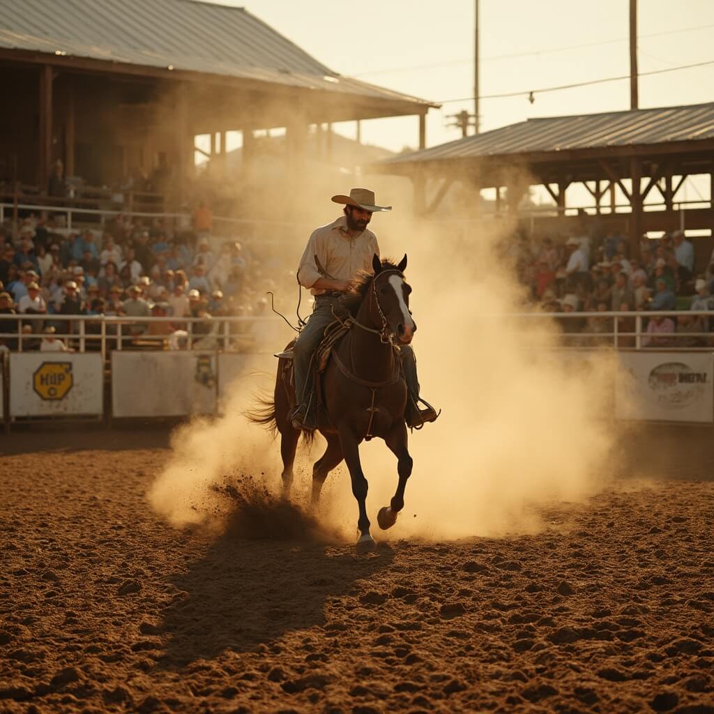Cowboy on horseback during a roping event at Bergeron Rodeo Grounds, under golden afternoon light with spectators in rustic wooden bleachers
