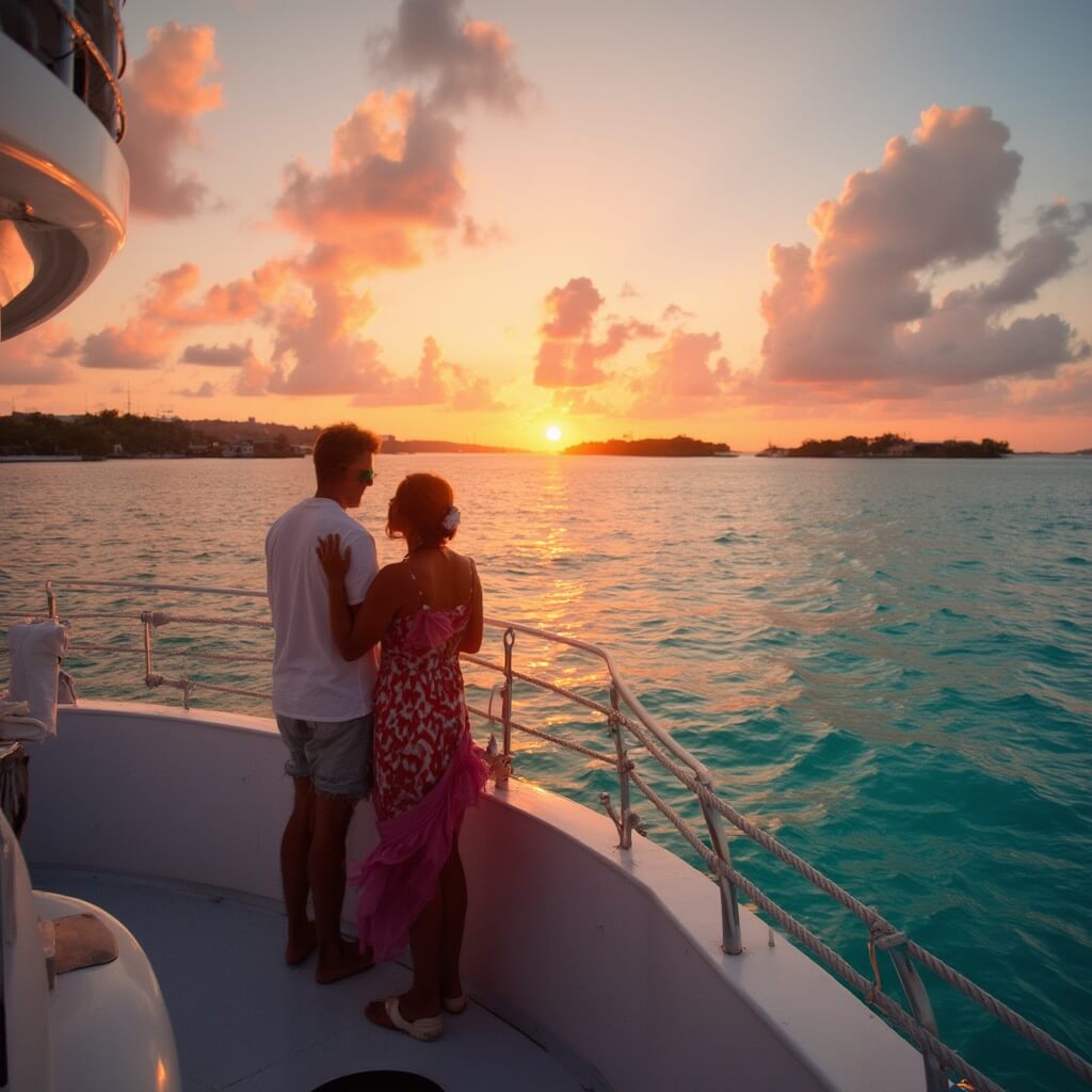 Romantic couple on a sunset cruise in Key West with tropical islands silhouetted in distance, under a pastel sky with orange and pink shades, enjoying the serene maritime landscape amidst turquoise waters