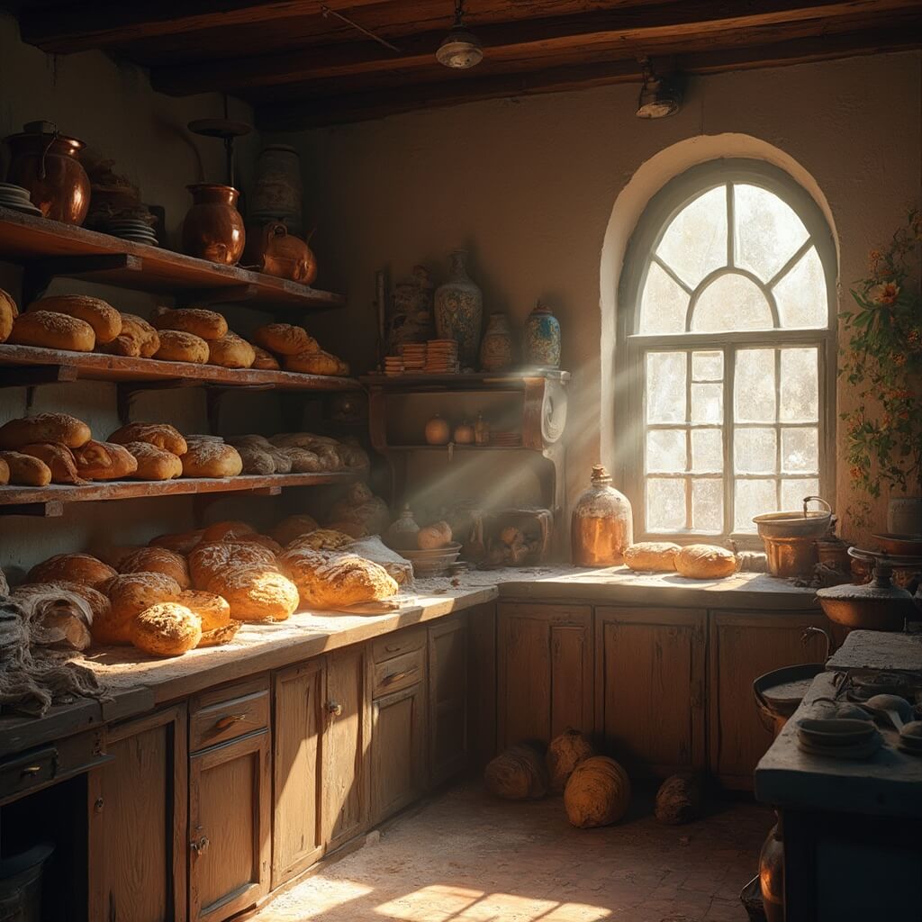 Interior of a traditional Russian bakery with golden Easter kulich bread on wooden shelves, antique baking equipment, copper pots, and flour-dusted countertops, bathed in warm lighting and sunlight through frosted windows by the Church of the Savior on Spilled Blood