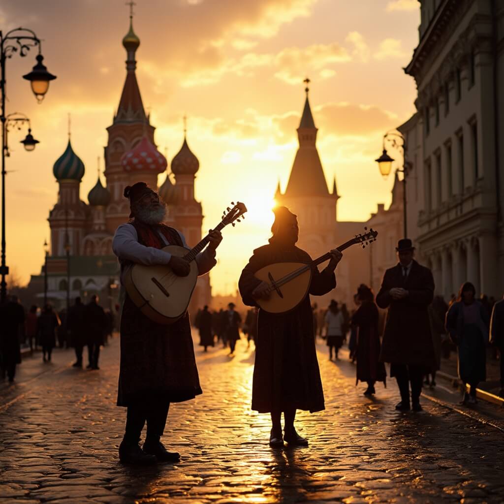 Uncover the Magic of St. Petersburg in May: A Traveler's Ultimate Guide Street musicians playing balalaikas in traditional Russian attire during sunset at Church of the Savior on Spilled Blood, St. Petersburg; golden light reflecting on church's colorful domes and wet cobblestone streets