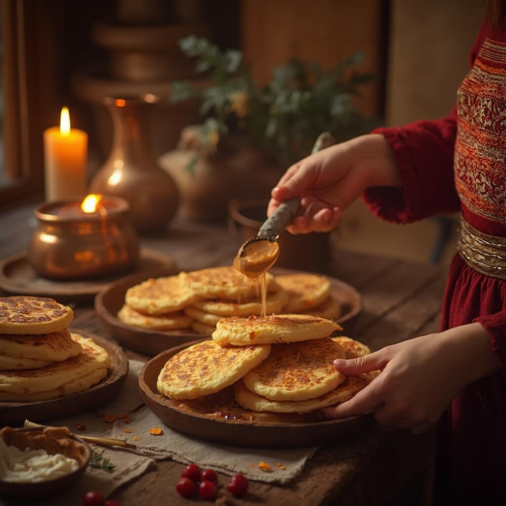 Close-up of traditional Russian Maslenitsa festival with stacks of golden-brown blini pancakes on wooden plates, hands of a folk artisan preparing food in embroidered clothing, candlelit rustic kitchen with copper pots and traditional textiles