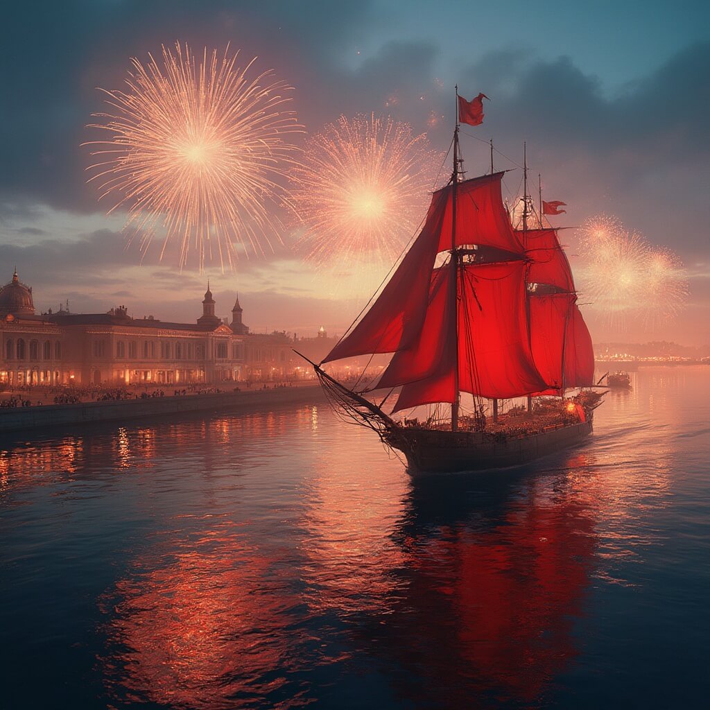 Scarlet Sails festival in St. Petersburg with historic sailing ship with crimson sails on Neva River, set against fireworks and twilight sky, with crowd on riverbanks and city skyline in the background