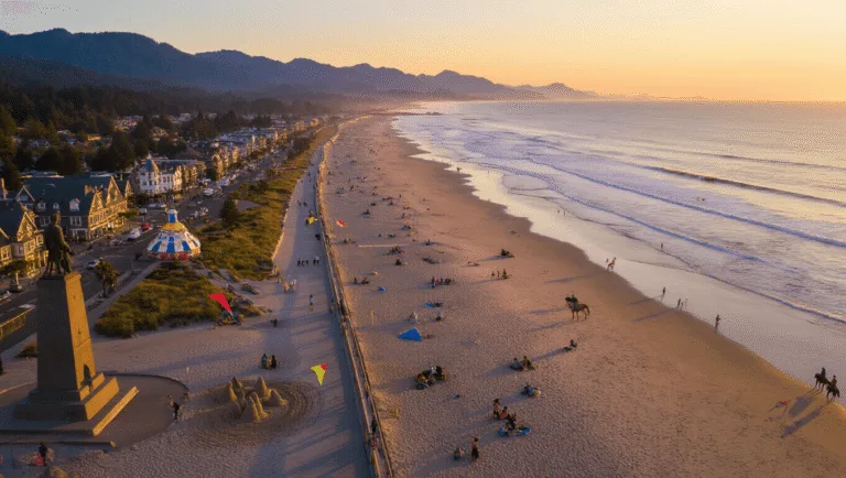 "Aerial view of Seaside, Oregon's coastline at sunset with families, surfers, and horseback riders, featuring the promenade, Lewis & Clark monument, and Captain Kid Amusement Park."