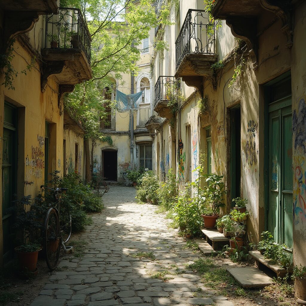 Courtyard in Liteyny District, St. Petersburg with Art Nouveau buildings, wildflowers on cobblestones, old trees, street art, vintage bicycle and laundry lines on a summer afternoon