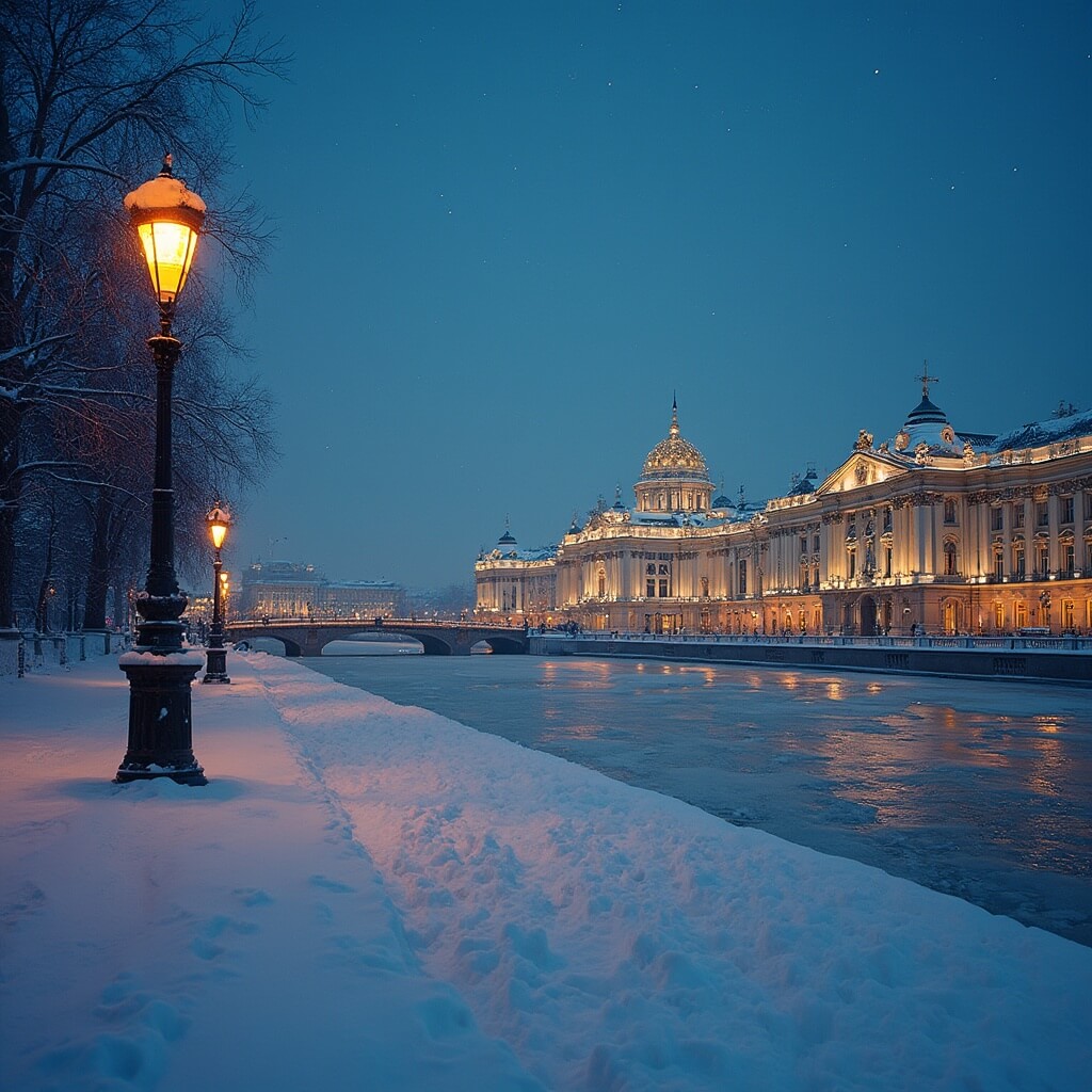 Dusk view of snow-covered Saint Petersburg with illuminated Hermitage Museum reflecting in frozen Neva River under a starry sky