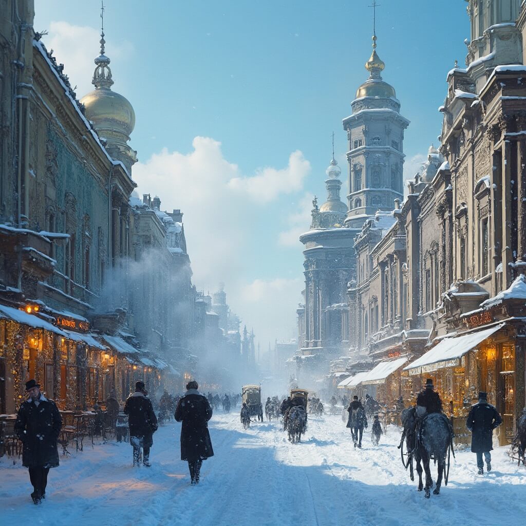 Historic snow-covered street in St. Petersburg showcasing baroque 18th-century architecture with golden domes, horse-drawn carriages, stylishly dressed locals, and steamy vintage cafes under a clear winter sky.