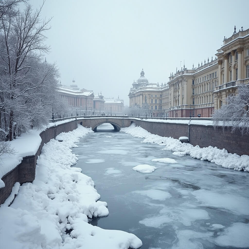 Majestic snow-laden St. Petersburg cityscape with intricate ice formations on canal, Winter Palace's ornate baroque architecture, frost-covered trees, and classic Russian architecture under soft grey winter light
