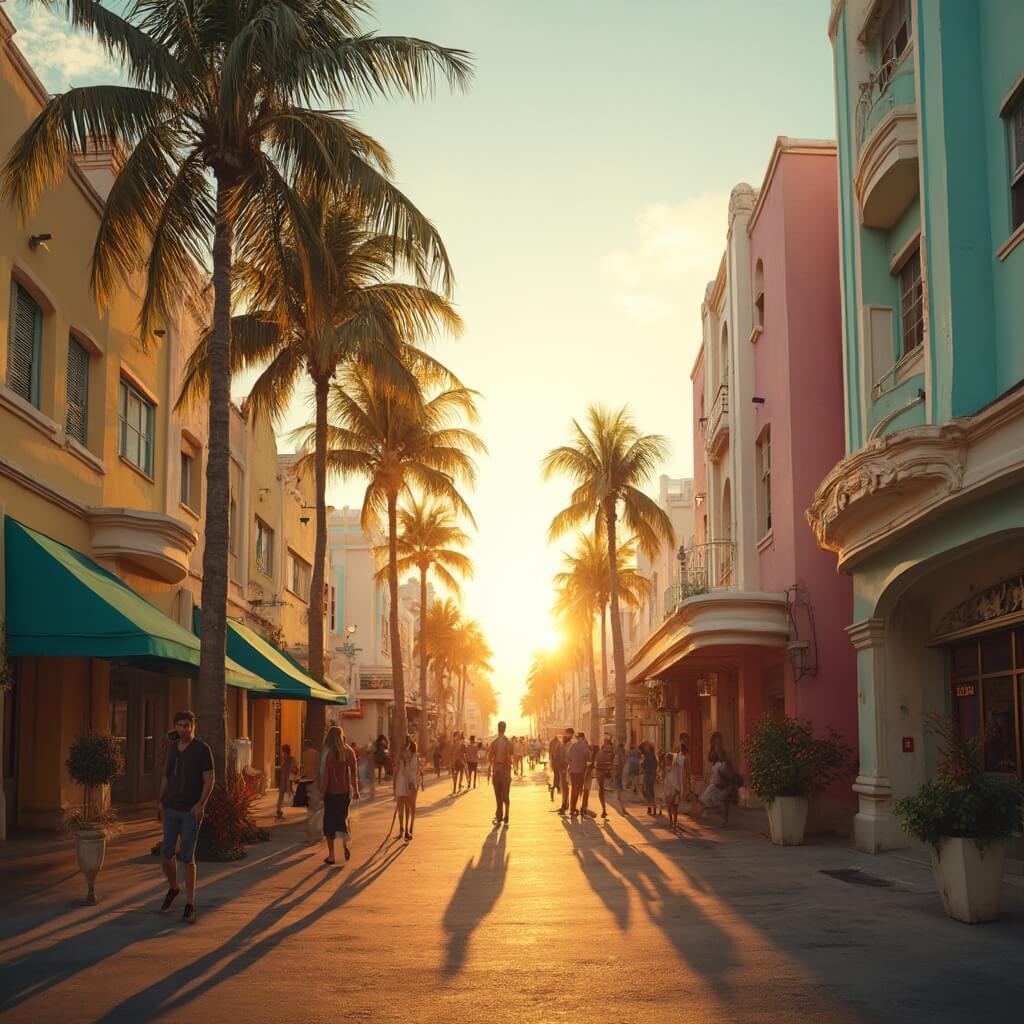 Art Deco architecture with pastel-colored buildings, palm trees, and pedestrians at golden hour in a vibrant South Beach street scene