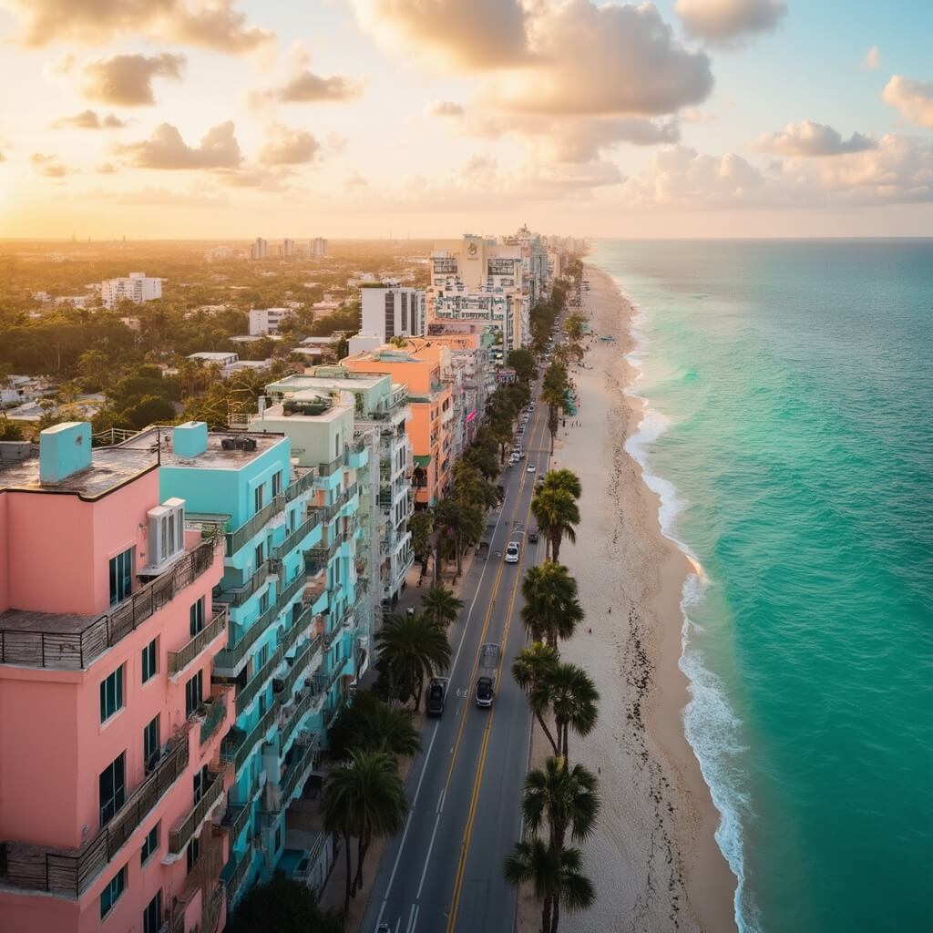 Why South Beach in December is Your Ultimate Winter Escape Aerial view of Art Deco buildings on South Beach's Ocean Drive at sunset, with palm trees, turquoise ocean and pastel skyline