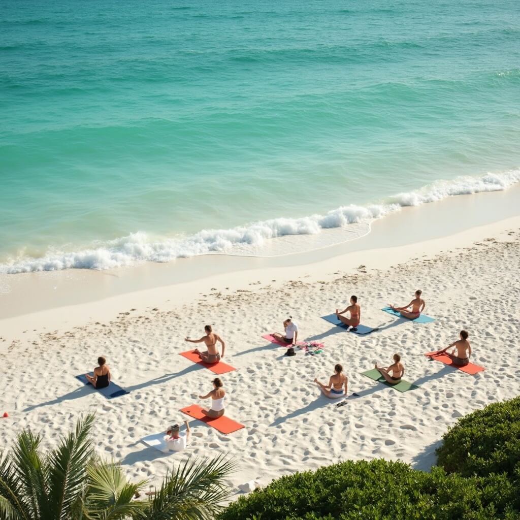 Early morning yoga session on pristine South Beach with individuals in athletic wear on minimalist fitness mats, surrounded by lush green vegetation, under soft light, with calm turquoise ocean waves in the background