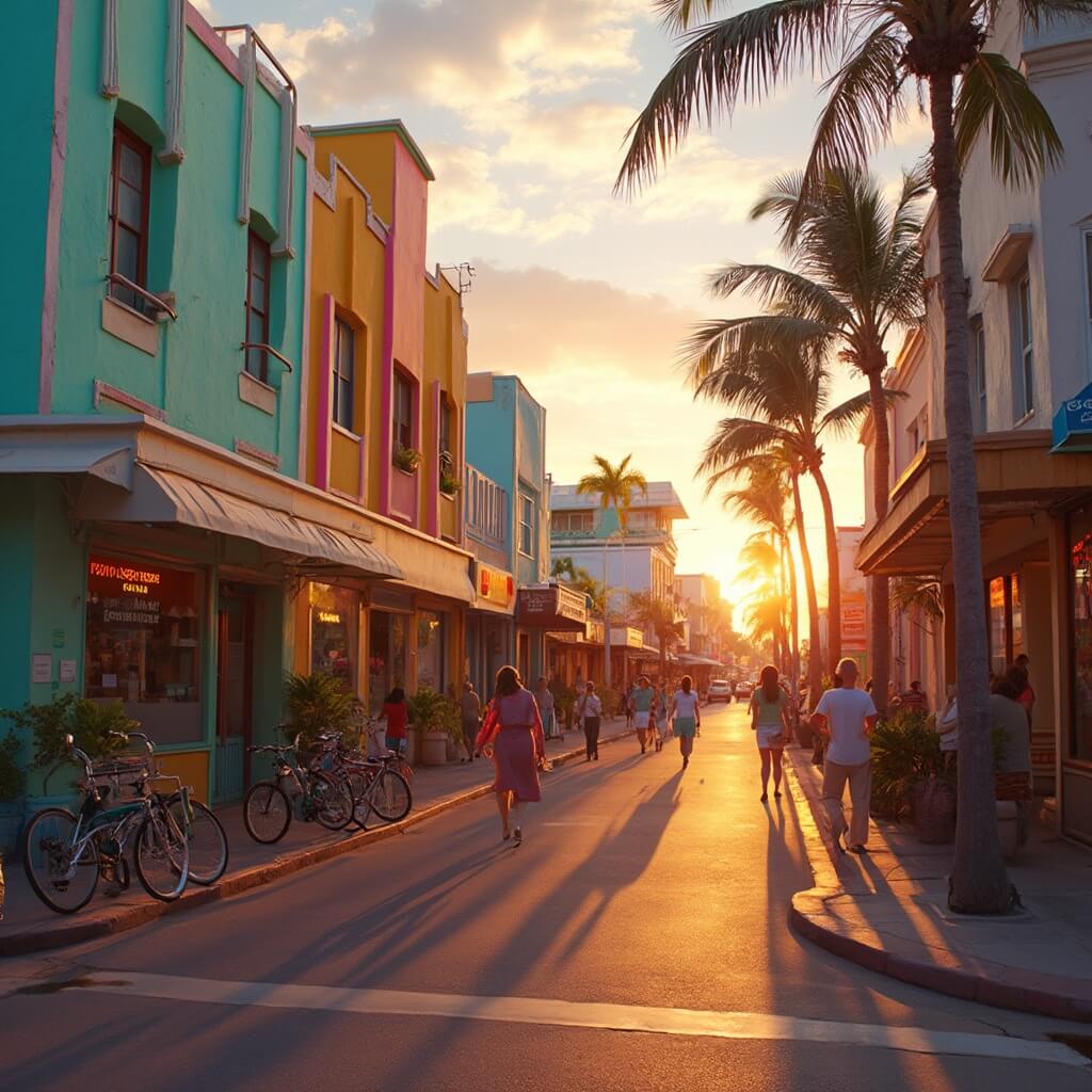South Beach sunset with Art Deco pastel buildings, vintage bicycles, people enjoying the evening, and palm tree silhouettes