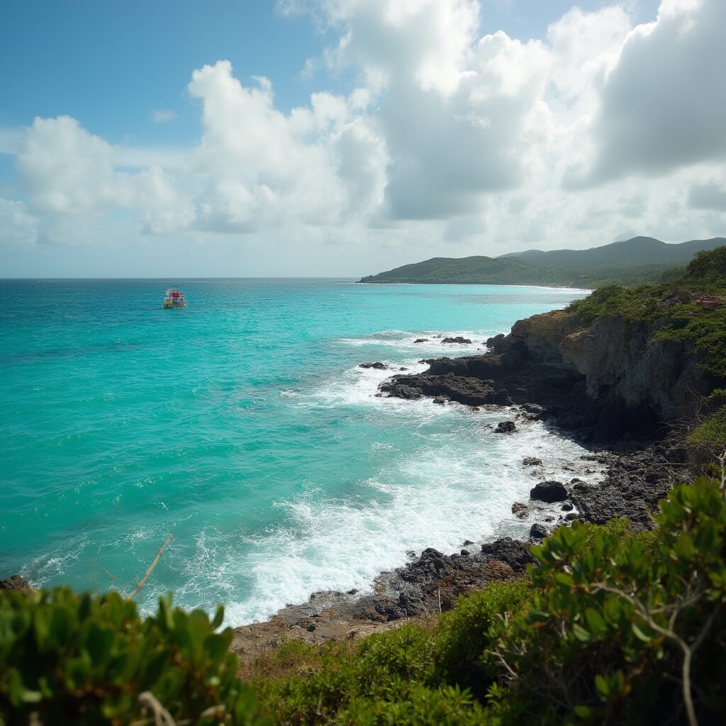 Scenic coastal view at the Southernmost Point of the US with turquoise waters, rocky shoreline, marker buoy, distant horizon with hints of Cuba, sunset sky, tropical vegetation, and pristine natural landscape