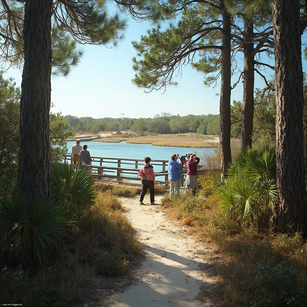 Hikers observing wildlife on trail through a coastal forest at St. Andrews State Park, Panama City Beach with a lagoon and boardwalk over sand dunes in background