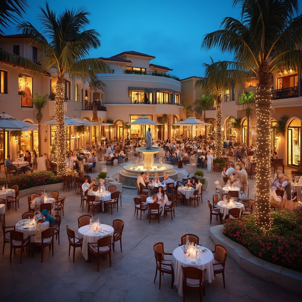 Elegant outdoor cafes and restaurants with warm lights at a Mediterranean-style circular plaza, St. Armands Circle, at dusk with palm trees, well-dressed diners, boutique storefronts, and musicians near a central fountain