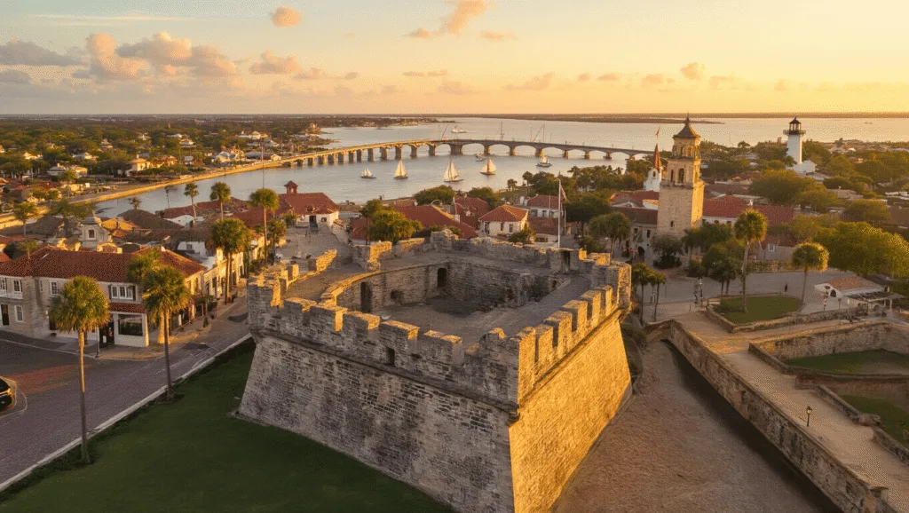 "Aerial view of St. Augustine at sunset featuring Castillo de San Marcos, the Bridge of Lions, St. Augustine Lighthouse, and the historic cityscape with Spanish colonial architecture and coastal beauty."