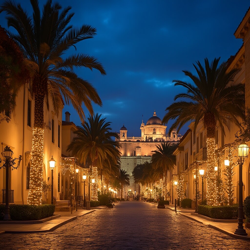 St. Augustine's historic district during Nights of Lights festival showcasing illuminated Spanish colonial architecture, glowing cobblestone streets, twinkling lights wrapped palm trees and silhouette of Castillo de San Marcos against a deep blue evening sky