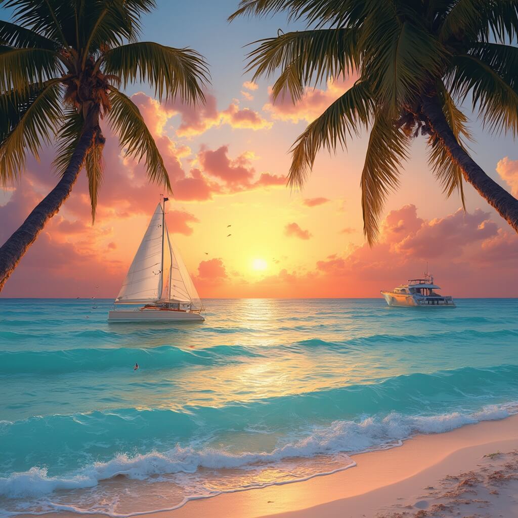 Sunset at St. Pete Beach, Florida with turquoise waters, white sand, palm trees, a sailboat in Tampa Bay, and pelicans diving for fish under a sky of oranges and purples