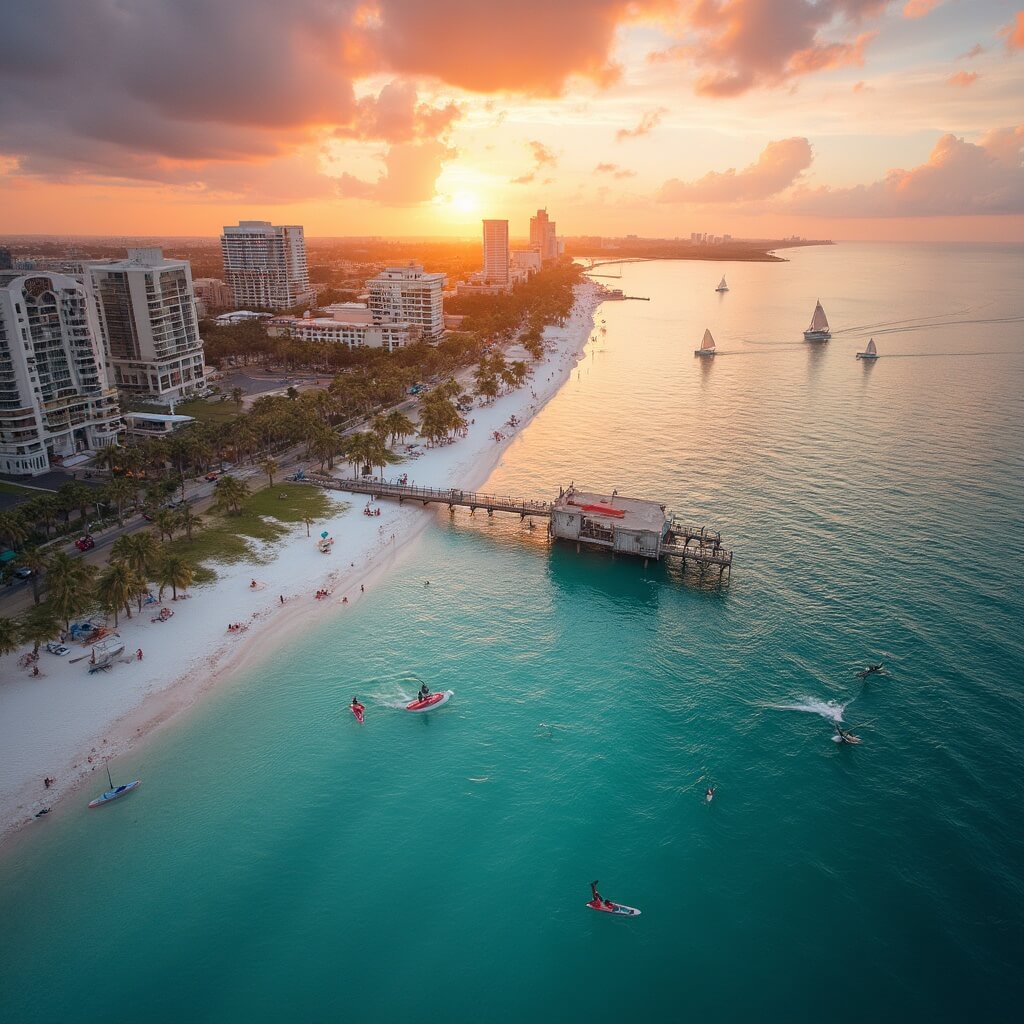 Aerial sunset view of St. Petersburg, Florida, showcasing St. Pete Pier, palm-lined waterfront, sailboats on Tampa Bay, beachgoers, downtown buildings, pelicans flying, and paddleboarders