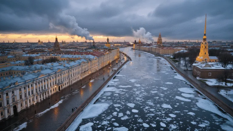 "Aerial view of St. Petersburg in April twilight, featuring partially frozen Neva River, historic buildings, Peter and Paul Fortress, melting snow, green parks, and Orthodox church domes, reflecting raw beauty of seasonal change and grandeur of Russian architecture."
