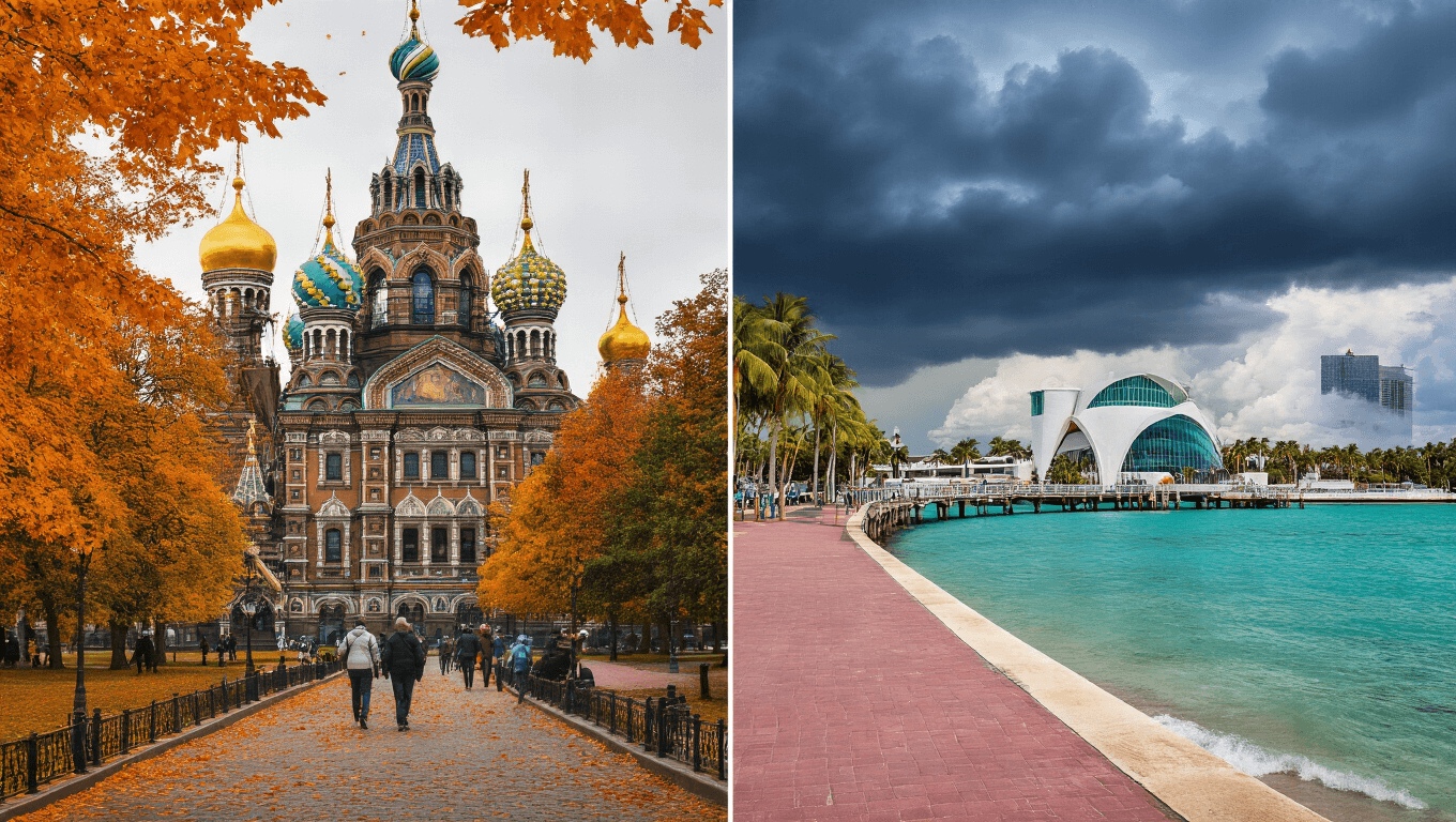 "Split-screen digital art of St. Petersburg Russia's Pavlovsk Park in autumn and St. Petersburg Florida's sunny pier with Dali Museum under stormy skies"