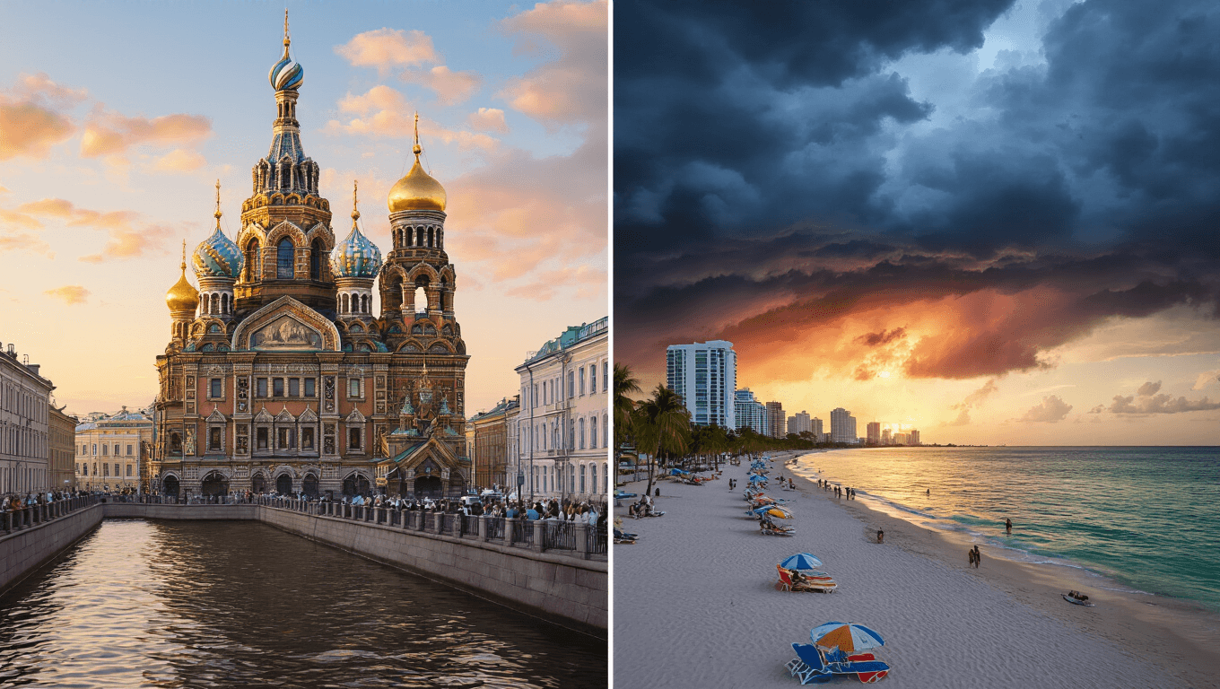 "Split-screen illustration comparing summer in St. Petersburg, Russia with its historic church and canals, to St. Petersburg, Florida featuring a modern beachfront and stormy skies."