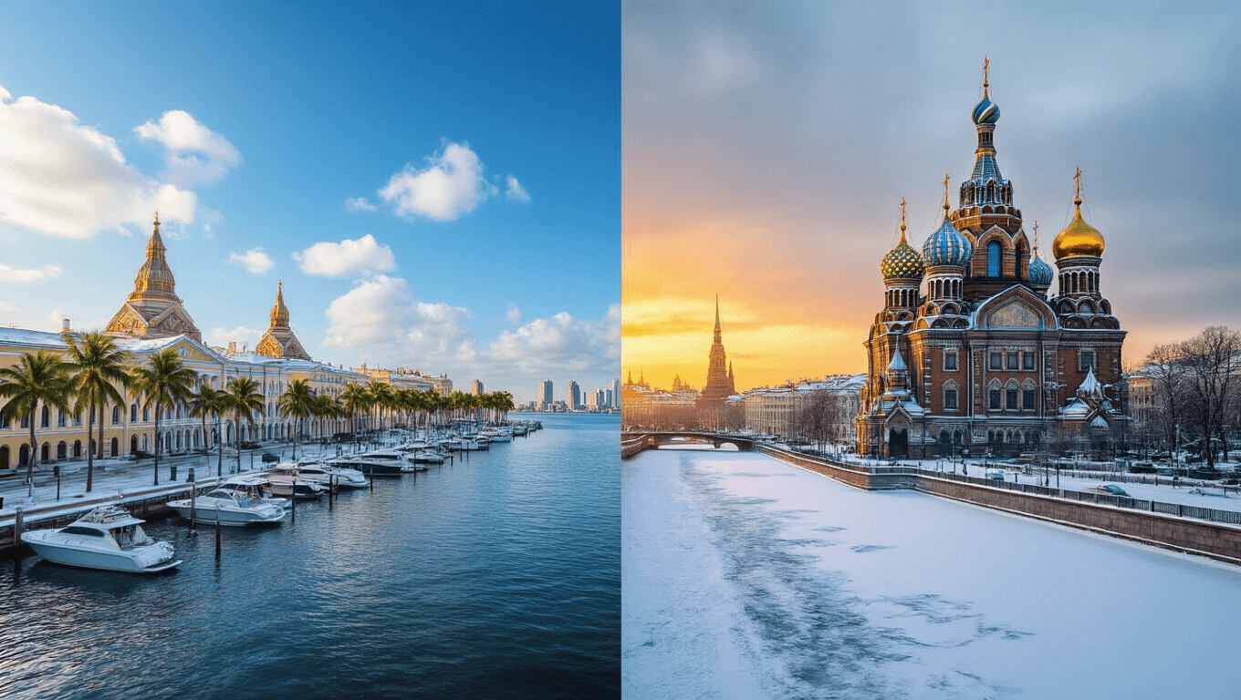 "Split-screen image of sunny St. Petersburg, Florida with palm trees, yachts, and inverted pyramid pier, and snowy St. Petersburg, Russia with gold-domed Church and frozen Neva River, displaying contrast between warm sunset and cool winter lighting."