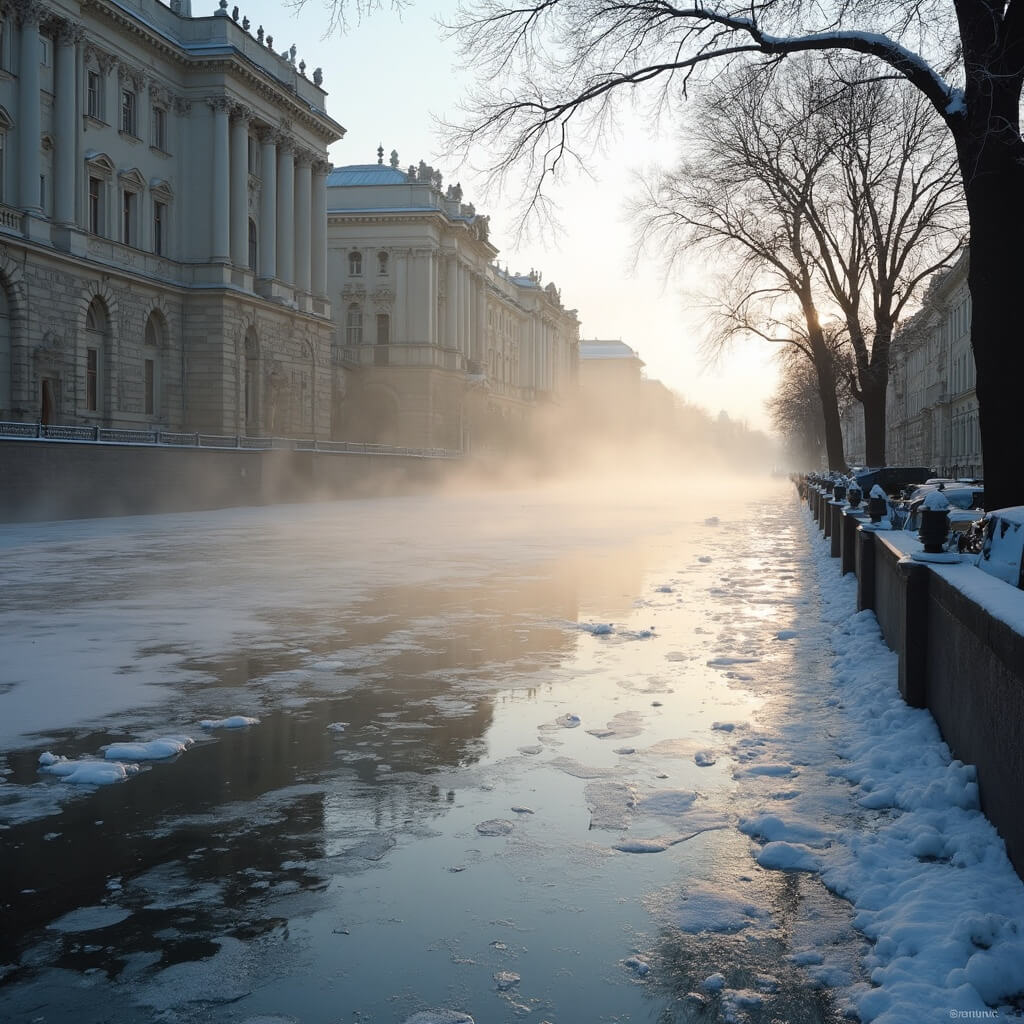 Early morning on St. Petersburg's canals with mirror-like reflections of melting ice and classical architecture in the soft dawn light, framed by bare tree branches and mist over the water surface.
