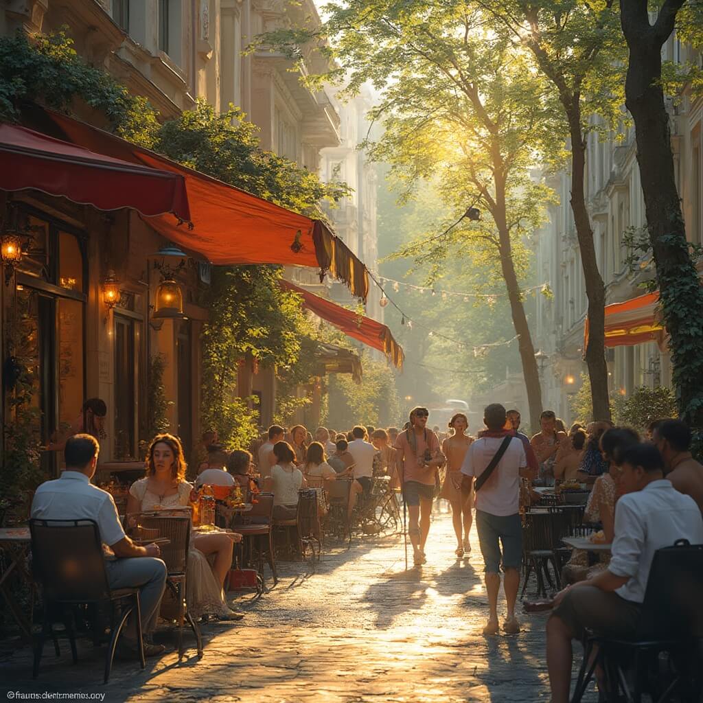 Young musicians performing at an outdoor café on a vibrant summer evening in St. Petersburg, with people dining, classic Russian architecture, and lush green trees in the background.