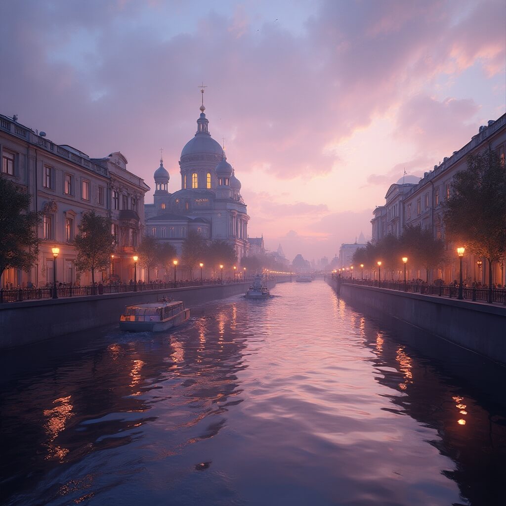 Magical twilight scene featuring the Church of the Savior on Spilled Blood reflected in a calm canal, with ornate buildings illuminated by a sky of lavender and gold during White Nights in St. Petersburg.