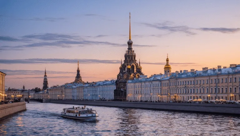 St. Petersburg in July: Your Ultimate Guide to Russia's Summer Magic "Panoramic view of St. Petersburg skyline with the Peter and Paul Fortress and baroque buildings reflected in Neva River during White Nights, traditional Russian canal boat in the foreground, people strolling on the embankment and outdoor café tables lit by the magical midsummer light."
