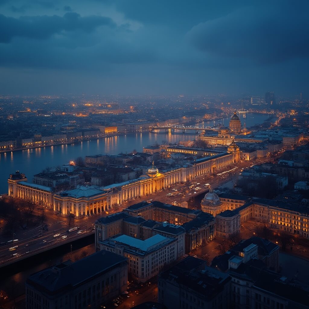 Aerial view of St. Petersburg at midnight during White Nights, soft light illuminating baroque architecture and reflecting in river under a golden-blue twilight sky