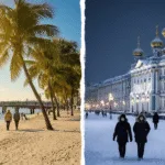 "Contrasting scenes of sunny St. Petersburg, Florida with beachgoers at St. Pete Pier and snowy St. Petersburg, Russia with winter-clad visitors at the luminous Winter Palace."