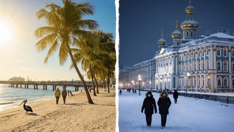 "Contrasting scenes of sunny St. Petersburg, Florida with beachgoers at St. Pete Pier and snowy St. Petersburg, Russia with winter-clad visitors at the luminous Winter Palace."