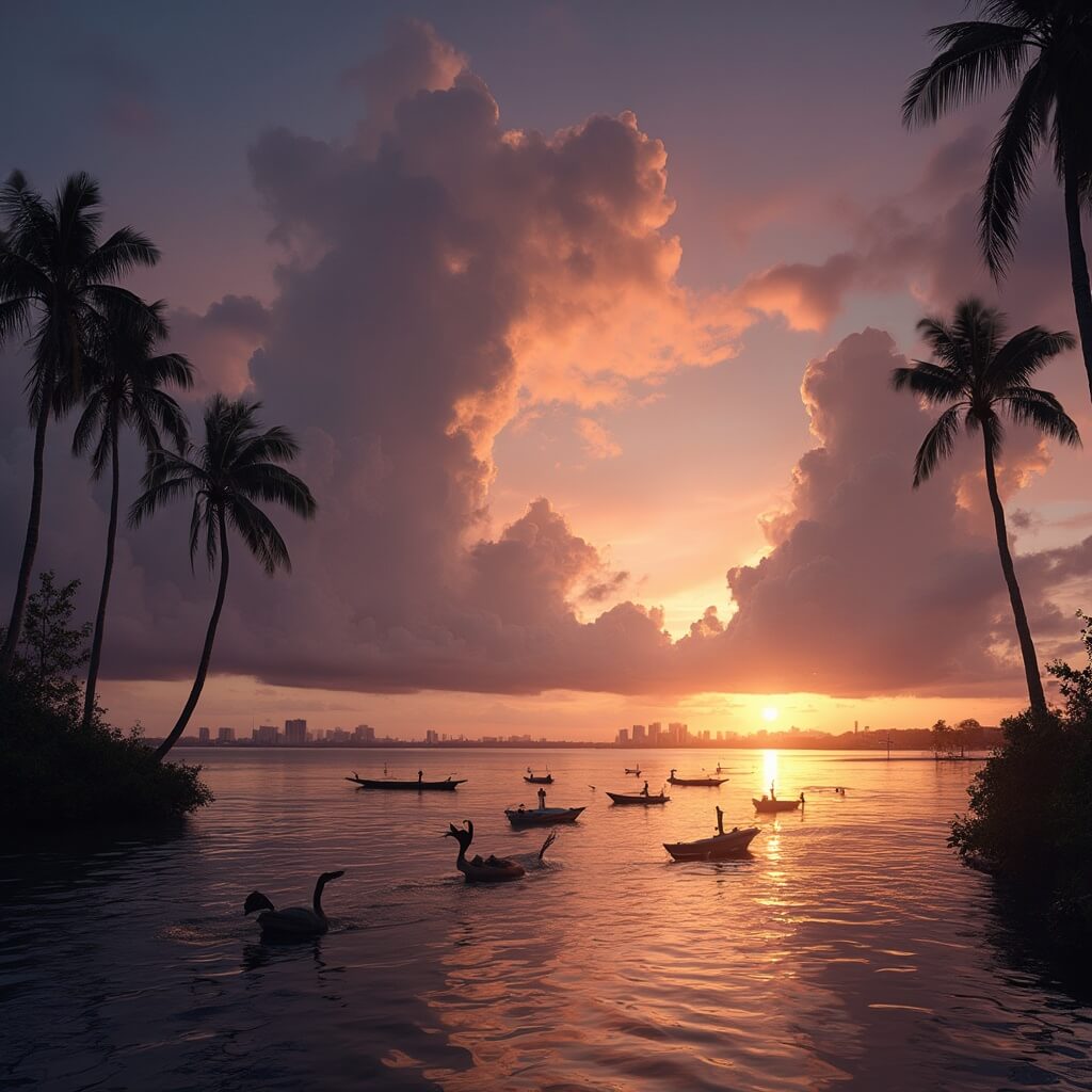 September in St. Petersburg: Your Ultimate Travel Guide to Two Incredible Cities Dramatic sunset over St. Petersburg, Florida's waterfront with purple and orange cumulonimbus clouds, swaying palm trees, kayakers and diving pelicans in foreground, and city skyline in the distance.