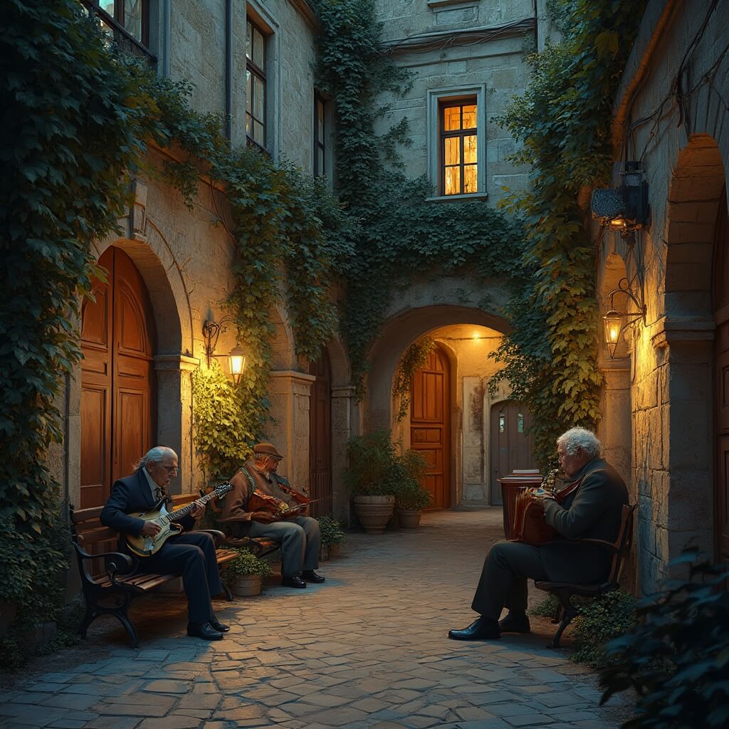 Hidden courtyard in St. Petersburg's Pushkin District at dusk, featuring weathered stone walls with ivy, local musicians playing jazz instruments, wooden benches with listeners, cobblestones, vintage lampposts, golden evening light streaming through archways.