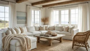 A sunlit coastal farmhouse living room featuring an ivory linen sectional sofa, chunky knit throws, layered vintage rugs, and weathered rattan chairs, with a whitewashed coffee table styled with coral and sea glass, illuminated by natural light through large windows and a beam ceiling.