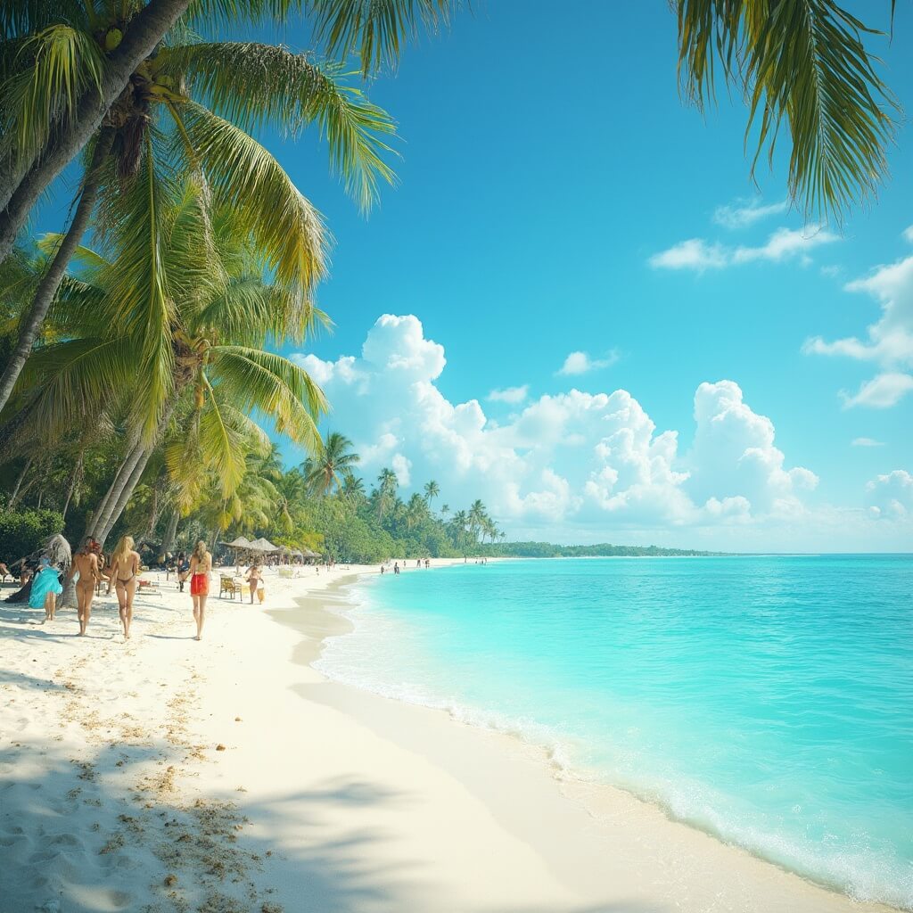Sunny Florida beach scene with turquoise waters, white sandy shore, swaying palm trees, blue sky with clouds, people walking in summer attire under warm sunlight