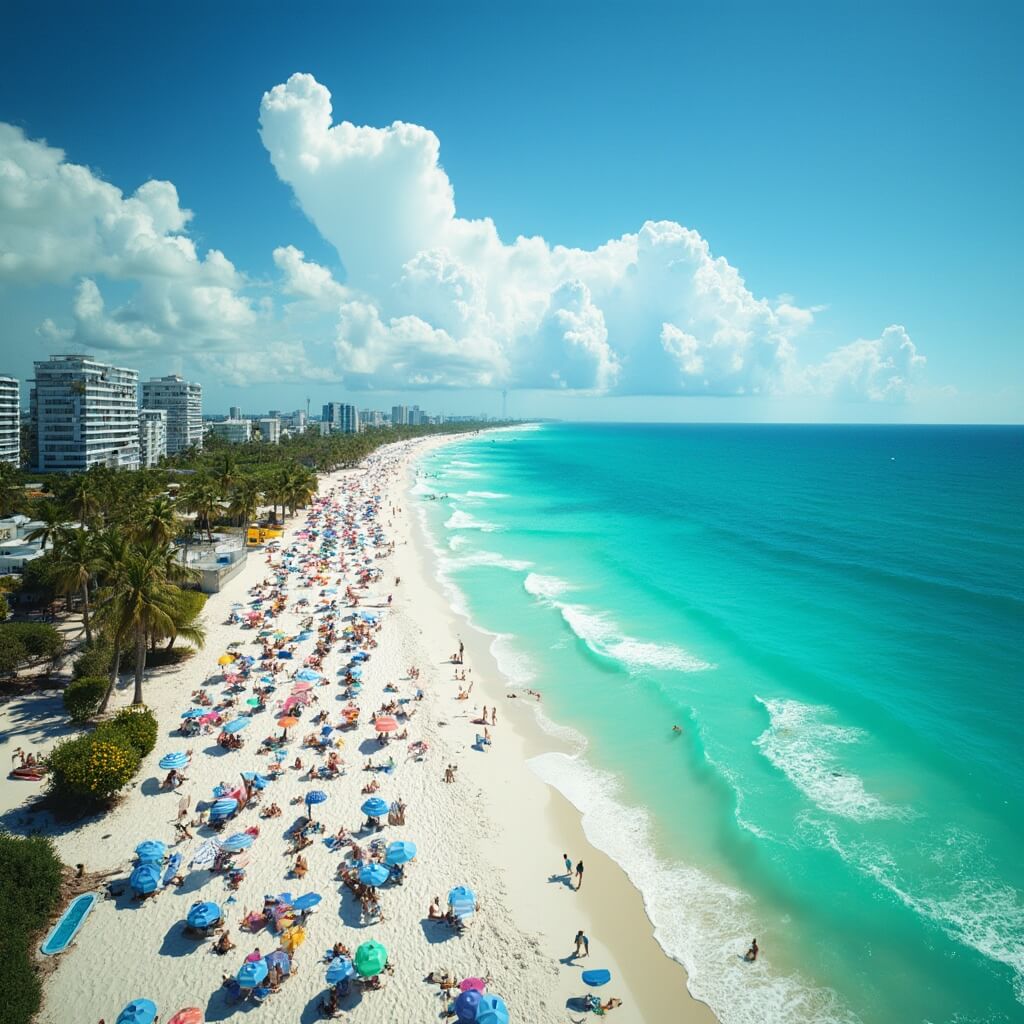 Colorful beach scene at St. Petersburg, Florida with blue-green ocean, beach umbrellas, palm trees, and afternoon thunderclouds forming in clear sky