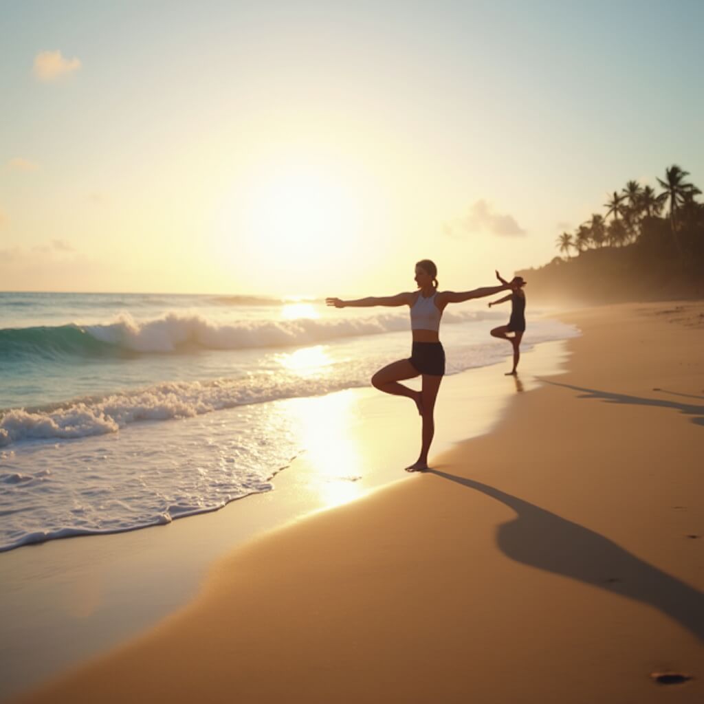 Silhouettes of individuals practicing yoga on a serene sandy beach at sunrise, with calm turquoise ocean waves and distant palm trees under a soft pastel sky.