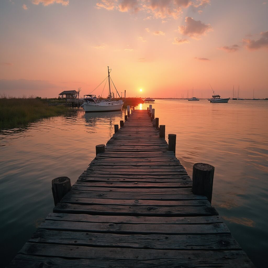 Sunset at Dock Street pier with weathered boardwalk extending into reflective calm waters, silhouetted boats in the distance under warm orange and pink sky