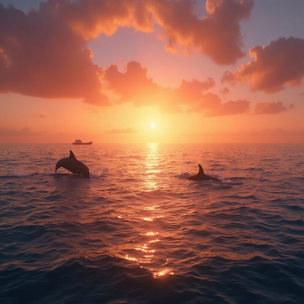 Dolphins leaping near cruise boat during a stunning sunset over Gulf Coast with vibrant orange and pink sky and golden light reflecting on calm sea