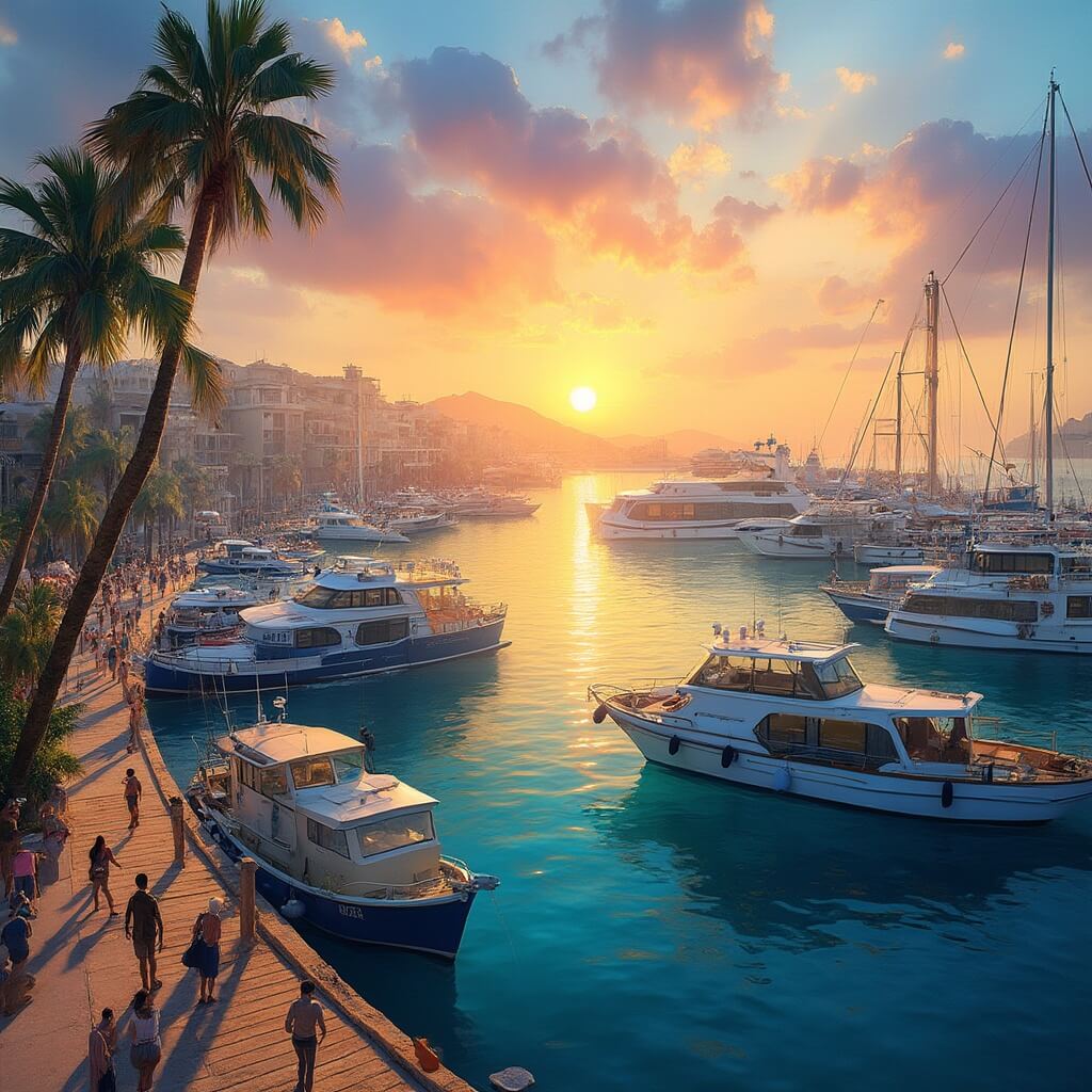 Fishing boats and luxury yachts docked at a vibrant marina during sunset, with tourists on a wooden boardwalk, palm trees in the background, and clear blue water reflecting boat silhouettes.