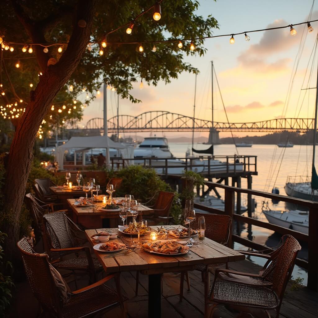Waterfront restaurant at sunset with wooden deck, seafood platters on rustic tables, string lights, sailboats in marina and distant Bridge of Lions