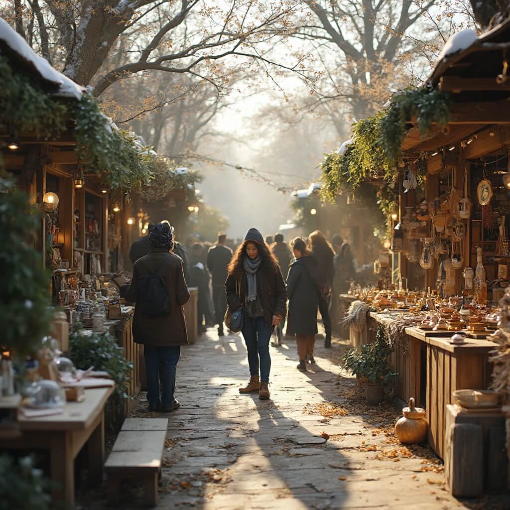 Artisan vendors at a vibrant, sustainable holiday market, displaying eco-friendly products under soft winter sunlight, with wooden stalls, lush greenery, engaged customers and an array of handcrafted goods highlighted by a natural color palette.