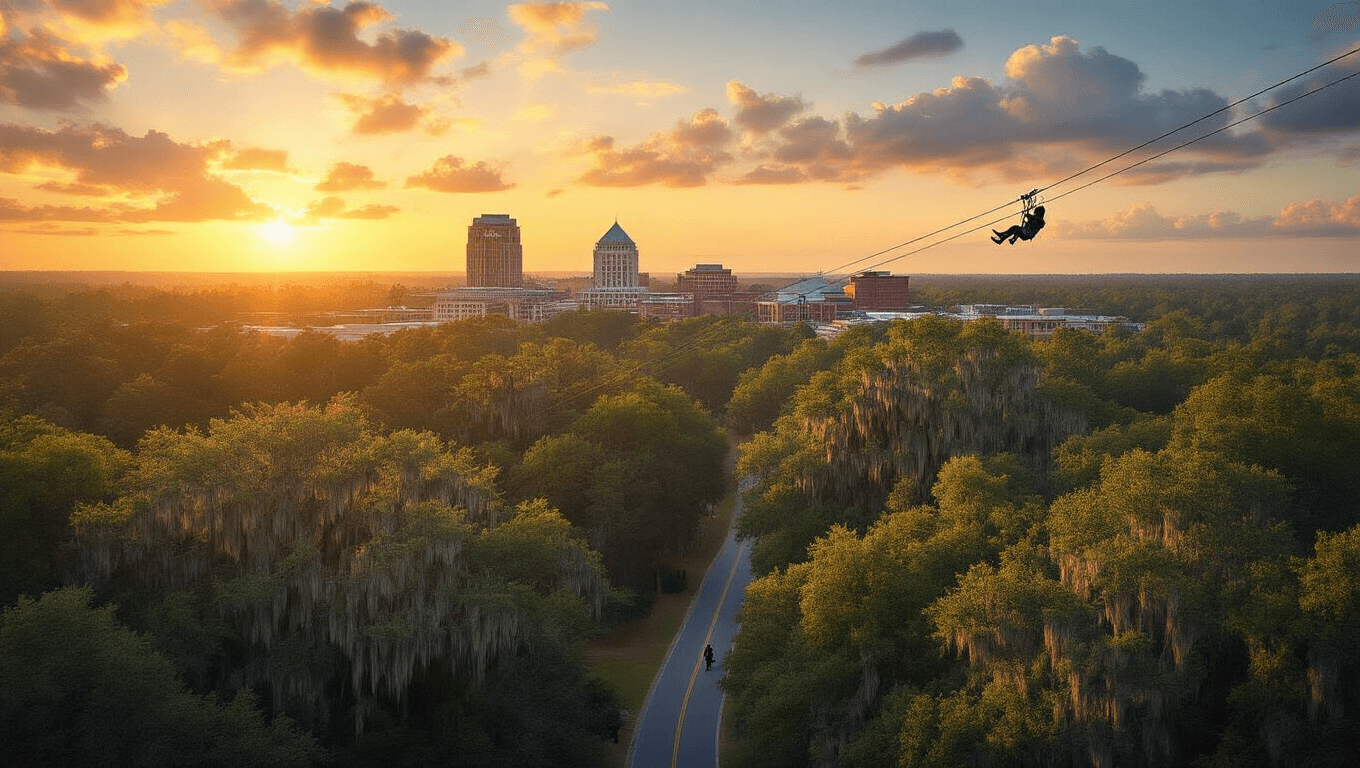 "Dramatic aerial view of Tallahassee at sunset, featuring oak-lined canopy roads, the Tallahassee Museum's zipline through a forest, a zipliner against the golden sky, city buildings and subtle wildlife elements."